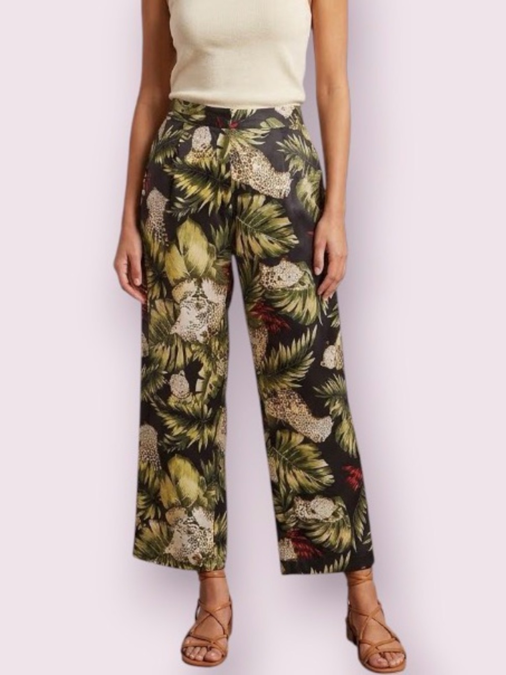 Anne Carson Tropical Jungle Leopard Print Silk Pants Cropped Size 16